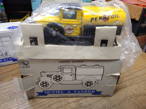 Vtg NOS Liberty Classics Ford Model A Tanker Pennzoil Coin Bank Die Cast Metal