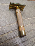 Vtg 1930's Gillette 3 Piece Fat Handle Gold Tone Open Comb Safety Razor USA! #1