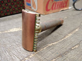 Vtg 1930's Gillette 3 Piece Fat Handle Gold Tone Open Comb Safety Razor USA! #2