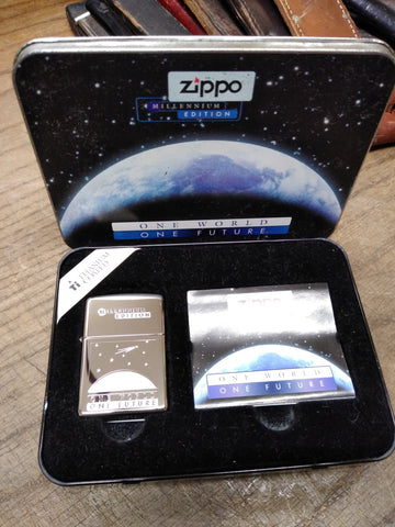 Vtg 1999 ZIPPO One World One Future Millenium Edition High Polish Lighter w/Tin