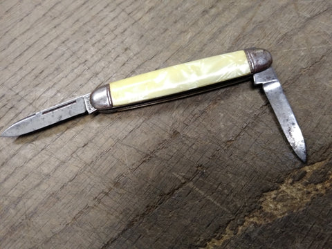 Vtg Hammer Brand USA Folding Pocket Knife 2 Blade Cream Marbled 3" Closed Nice!