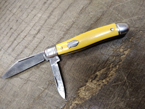 Vtg Imperial Prov R.I. USA Folding Pocket Knife Yellow Handle 2 Blade 3" Closed