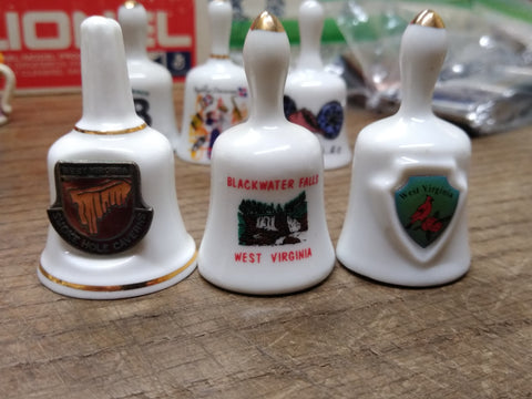 Vtg 3 Pc Bone China Mini Bell Lot W Virginia Smoke Caverns Black Water Ringers!