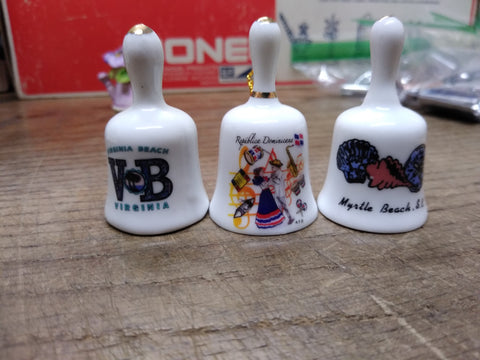 Vtg 3 Pc Bone China Mini Bell Lot Virginia Beach Dominican Republic Myrtle Beach