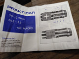Prakticar ObJektiv Auto Zoom 70 210mm F4 .5 5.6 MC Macro Camera Lens with Box