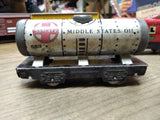 Vtg O Gauge Marx Wind Up Train Set 4 Cars Tender Tanker Side Dump Caboose Works!