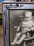 Vtg Art Deco Reverse Paint Glass Matted Chrome Frame Smiling Baby Photo 12"x10"