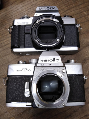 Vtg 2 Pc Minolta Camera Body Parts Repair Lot SRT101 X370 35MM Film Good Shutter