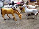 Vtg 8 Pc Zoo Farm Animal Plastic Toy Lot Lion Ape Zebra Rhino Camel Horses Bull