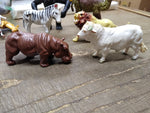 Vtg 8 Pc Zoo Farm Animal Plastic Toy Lot Lion Ape Zebra Rhino Camel Horses Bull