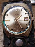 Vtg Focal De Luxe Swiss Mechanical Wrist Watch w/1970's Leather Strap Working!