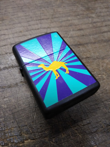 Vtg 1995 Unfired Zippo Yellow Camel Blue Burst Black Matte Cigarette Lighter VG!
