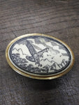 Vtg Scrimshaw Flying Eagle and Mountains Oval Gold Tone Belt Buckle 3 inches