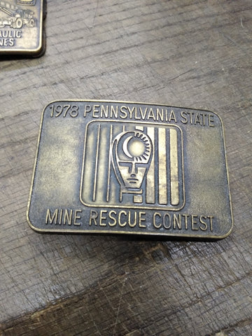 Vtg 1978 Pennsylvania State Mine Rescue Contest Brass Belt Buckle 3.25 x 2.25 in