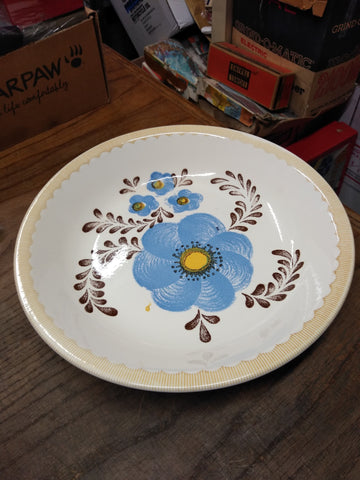 Vtg Hand Painted Blue and Yellow Flowers Pottery Serving Bowl Fruit Salad 11.5"