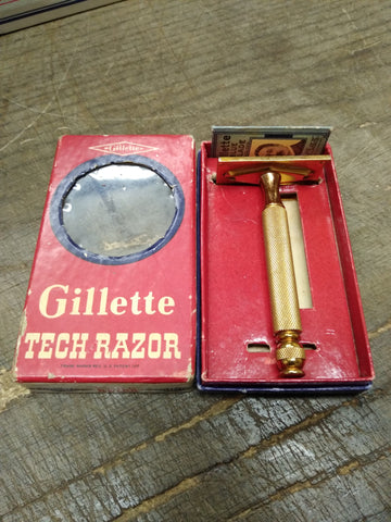 Vtg Gillette Gold Tech Double Edge Ball End Safety Razor w/Box Very Good Cond.!