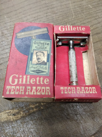 Vtg Gillette Tech Double Edge TTO Safety Razor Date Code X-3 1952 With Box!