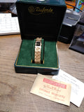 Vtg Lucien Piccard Dufonte Womens Quartz Wrist Watch Gold Black Dial Works w/Box