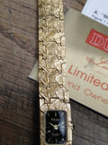 Vtg Lucien Piccard Dufonte Womens Quartz Wrist Watch Gold Black Dial Works w/Box