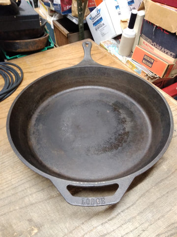 Vtg Lodge 2 USA 14SK Cast Iron Skillet With Smoke Ring 2 Handle 14.75" Dia Nice!