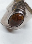Vtg 925 DDD Hammered Silver Natural Jasper Stone Modernist Ring Sz 8 Mexico Nice
