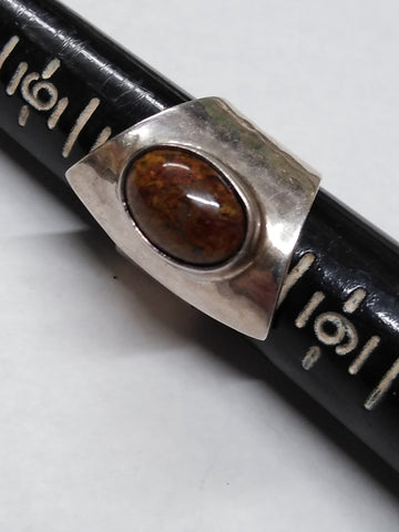 Vtg 925 DDD Hammered Silver Natural Jasper Stone Modernist Ring Sz 8 Mexico Nice
