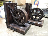 Vtg Mid Century Modern Bookends Gothic Wooden Wheel Medievel Chains Steampunk