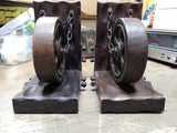 Vtg Mid Century Modern Bookends Gothic Wooden Wheel Medievel Chains Steampunk
