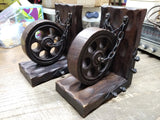 Vtg Mid Century Modern Bookends Gothic Wooden Wheel Medievel Chains Steampunk