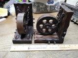 Vtg Mid Century Modern Bookends Gothic Wooden Wheel Medievel Chains Steampunk