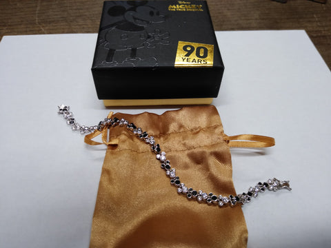 Vtg Disney 925 Sterling Mickey & Minnie Mouse Bracelet Black CZ 7.5 Inch w/Box!