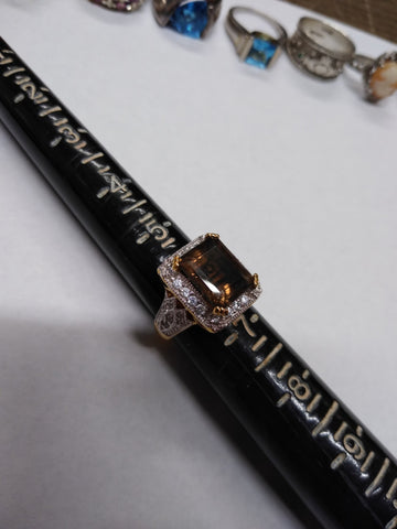 Vtg Gold Over 925 Sterling Silver Smokey Quartz CZ Stone Ring Size 6.25 Nice!