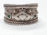Vtg 925 Sterling Silver Claddagh Ring w/2 Emeralds Size 8.75-9 Made In Ireland!