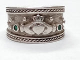 Vtg 925 Sterling Silver Claddagh Ring w/2 Emeralds Size 8.75-9 Made In Ireland!
