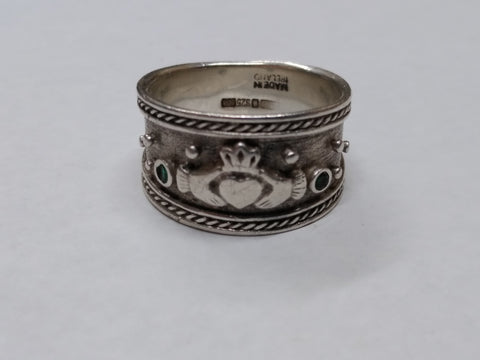 Vtg 925 Sterling Silver Claddagh Ring w/2 Emeralds Size 8.75-9 Made In Ireland!