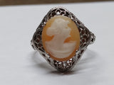 Vtg 925 Sterling Silver Filigree Cameo Ring Carved Shell Right Facing Nice Shape