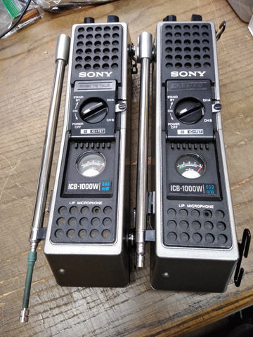 Vtg 2 Pc Lot Sony ICB 1000W 500mW Transciever 4' 9" Antenna Walkie Talkie Works!