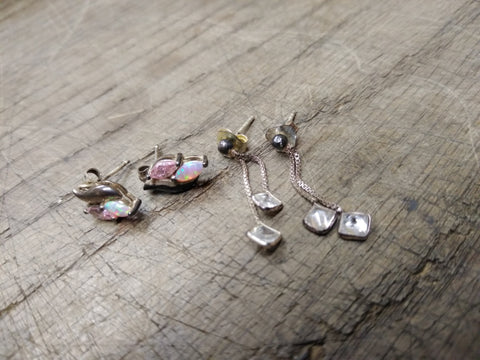 Vtg 2 Pair 925 Sterling Silver Stud & Dangle Earrings with Opal? Sapphire? Nice!