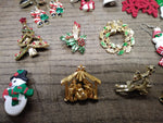 Vtg 25 Piece Christmas Xmas Brooch Earring and Findings Lot Santa Tree Reindeer