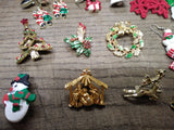 Vtg 25 Piece Christmas Xmas Brooch Earring and Findings Lot Santa Tree Reindeer