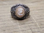 Vtg 925 Sterling Silver Right Facing Cameo w/Marcasites Size 9 Ring Very Nice!