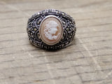 Vtg 925 Sterling Silver Right Facing Cameo w/Marcasites Size 9 Ring Very Nice!