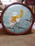 Vtg 2 Sided Silk Cat Picture Hunting Praying Mantis Gold Gray Round Convex Glass