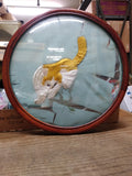 Vtg 2 Sided Silk Cat Picture Hunting Praying Mantis Gold Gray Round Convex Glass