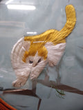 Vtg 2 Sided Silk Cat Picture Hunting Praying Mantis Gold Gray Round Convex Glass
