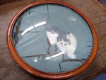 Vtg 2 Sided Silk Cat Picture Hunting Praying Mantis Gold Gray Round Convex Glass