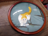Vtg 2 Sided Silk Cat Picture Hunting Praying Mantis Gold Gray Round Convex Glass