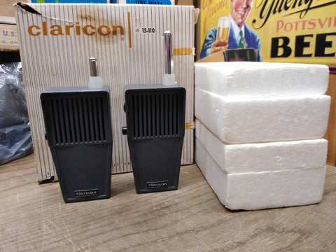 Vtg 2 Piece Claricon #15 110 3 Transistor Walkie Talkie Set w/Box Powers On!