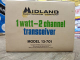 Vtg MIDLAND 1 Watt 2 Channel  #13 701 Transceiver Walkie Talkie Box Powers On!