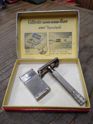 Vtg Gillette Super Speed Safety Razor TTO DE w/Original Box Blades Made in USA!
